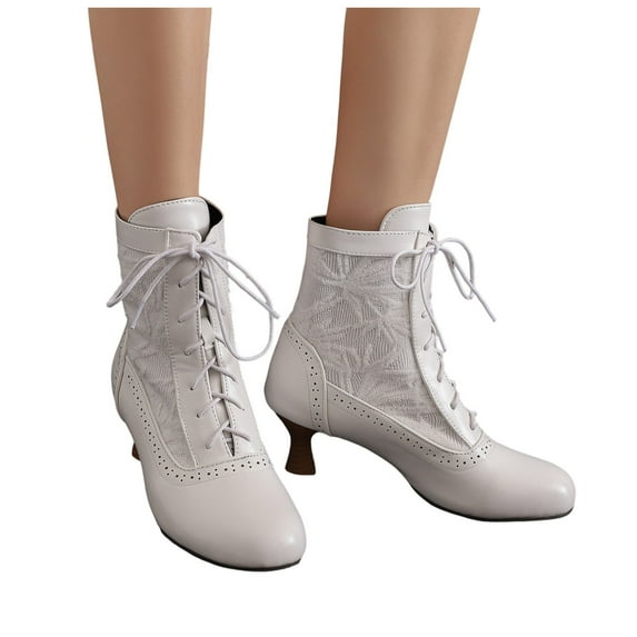 Mepaouo Victorian Boots for Women Vintage Granny Booties Renaissance Lace up Ankle Boots(White,7.5)