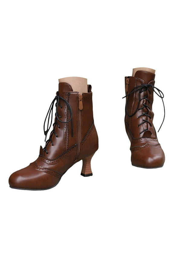 Victorian Boots for Women Vintage Granny Mid Calf Booties Lace up Round Toe Western Goth Shoes