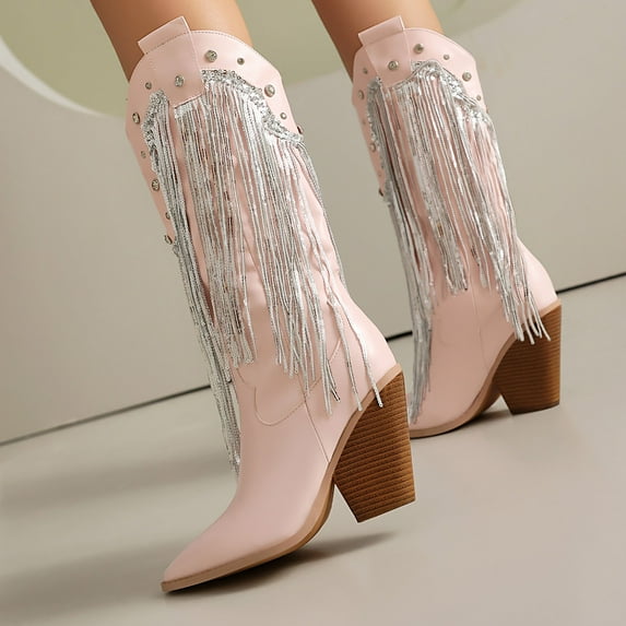 Mepaouo Vintage Fringe Cowboy Boots for Women Pointy Toe Tassel Western Cowgirl Knee High Boots(Pink,7.5)