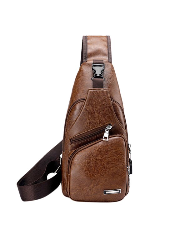 Vintage Leather Sling Bag for Men Shoulder Messenger Crossbody Backpack Chest Pack Daypack(Brown)