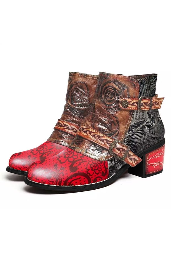Vintage Western Ankle Boots for Women Buckles Heel Bohe Combat Dress Booties Shoes