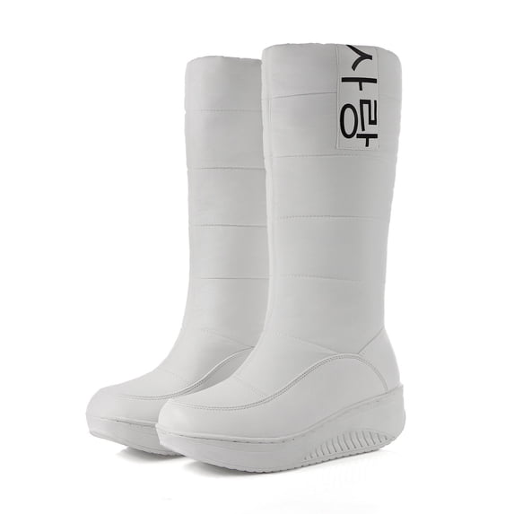Mepaouo Waterproof Snow Boots for Women Mid Wide Calf Platform Outdoor Walking Winter Boots(White,7.5)