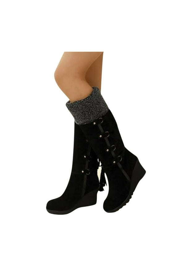 Wedge Boots for Women Winter Warm Snow Knee High Boots Ladies Slip on Platform Riding Boot