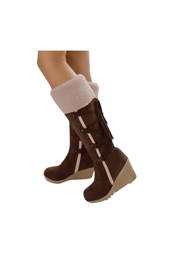 Wedge Boots for Women Winter Warm Snow Knee High Boots Ladies Slip on Platform Riding Boot