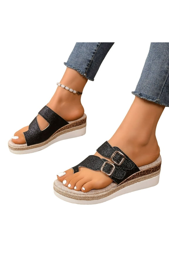 Wedge Platform Sandals for Women Espadrilles Two Buckles Slides Summer Casual Flip Flops