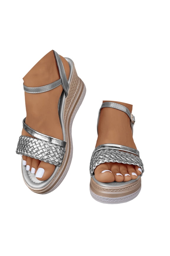Wedge Sandals for Women Espadrille Open Toe Platform Strappy Dressy Beach Summer Shoes Silver 6.5