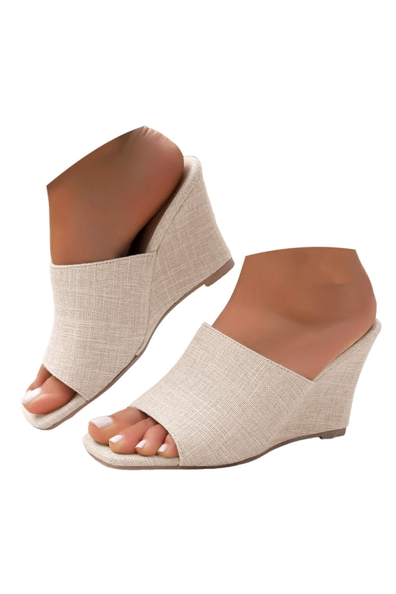 Wedge Sandals for Women Square Toe Canvas Heels Dressy Pumps Summer Slip on Mule Shoes White 9.5