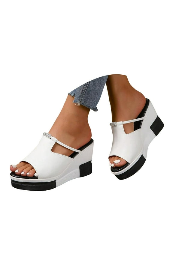 Wedge Slide Sandals for Women Leather Open Toe Platform Walking Shoes Slip on Mules White 9
