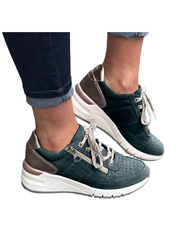 Wedge Sneakers for Women High Heel Platform Fashion Lace up Sneakers with Arch Support(Green,8.5)
