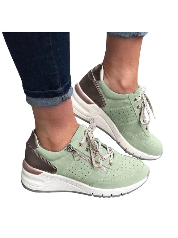 Wedge Sneakers for Women High Heel Platform Fashion Lace up Sneakers with Arch Support(Green,8.5)