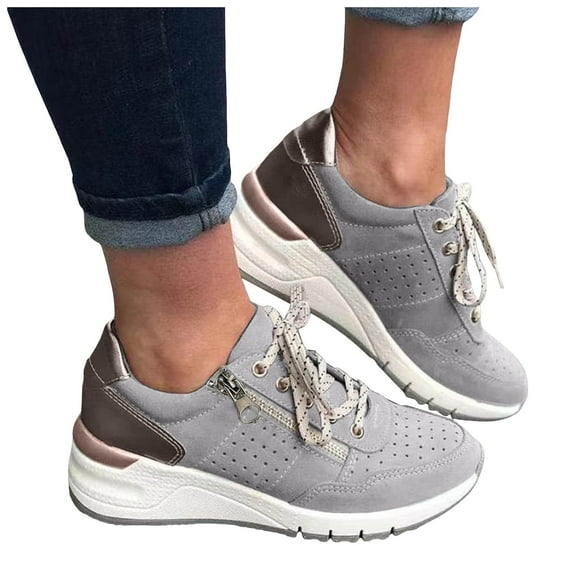 Mepaouo Wedge Sneakers for Women High Heel Platform Fashion Lace up Sneakers with Arch Support(Grey,8)