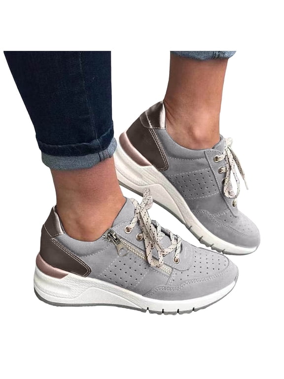 Wedge Sneakers for Women High Heel Platform Fashion Lace up Sneakers with Arch Support(Grey,8)