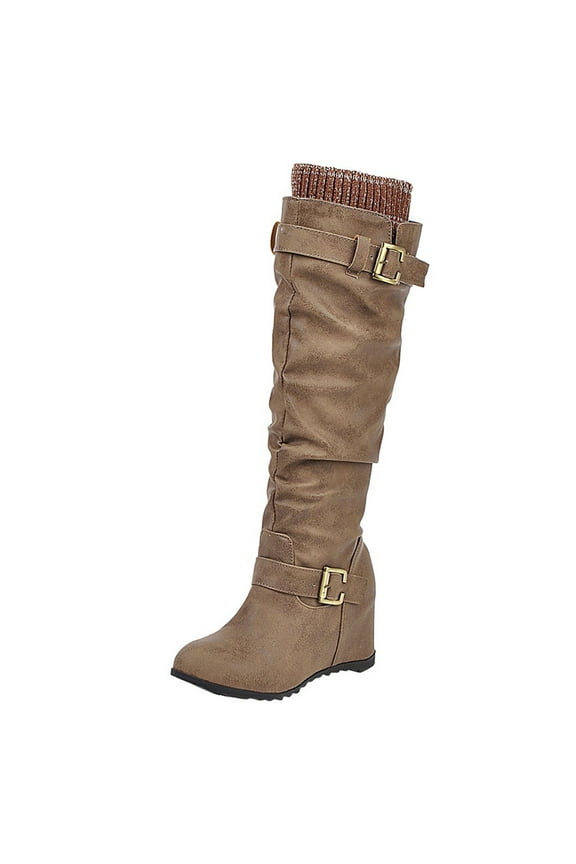 Wedges Knee High Boots Womens Hidden Wedge Heels Buckles Walking Riding Dress Long Boots(Brown,9)