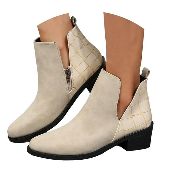 Mepaouo Western Ankle Bootie Womens Suede Stacked Heel Chelsea Slip on Short Boots with Zipper(Beige,6)