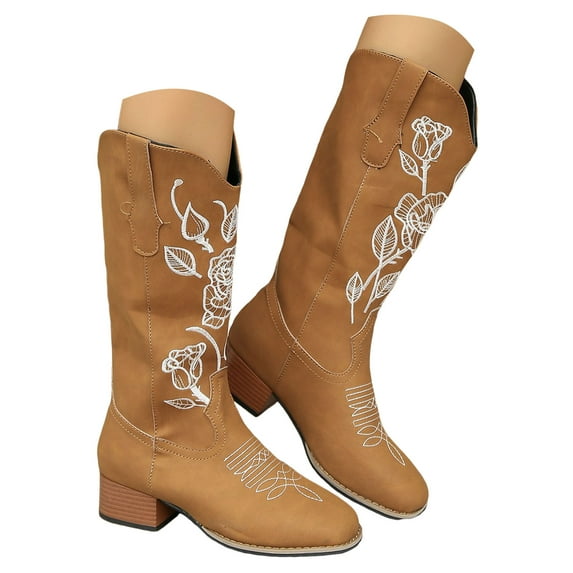 Mepaouo Western Cowboy Boots for Women Embroidered Knee High Wide Calf Cowgirl Booties with Stacked Heel