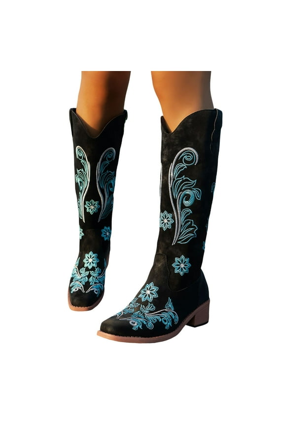 Mepaouo Western Cowboy Boots for Women Knee High Wide Calf Cowgirl Boots Embroidery Classic Pull on Tall Boot
