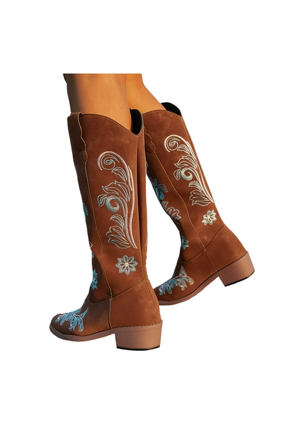 Mepaouo Western Cowboy Boots for Women Knee High Wide Calf Cowgirl Boots Embroidery Classic Pull on Tall Boot