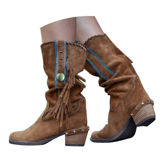 Mepaouo Western Cowboy Boots for Women Mid Calf Tassels Fringe Pointed Toe Chelsea Cowgirl Boots