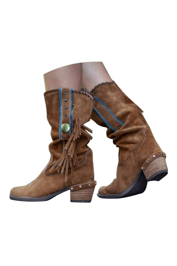 Western Cowboy Boots for Women Mid Calf Tassels Fringe Pointed Toe Chelsea Cowgirl Boots