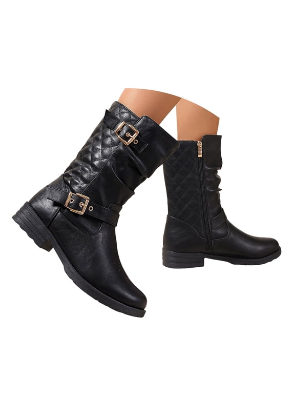 Western Mid Calf Boots for Women Round Toe Motorcycle Riding Booties Casual Buckle Pull on Boot