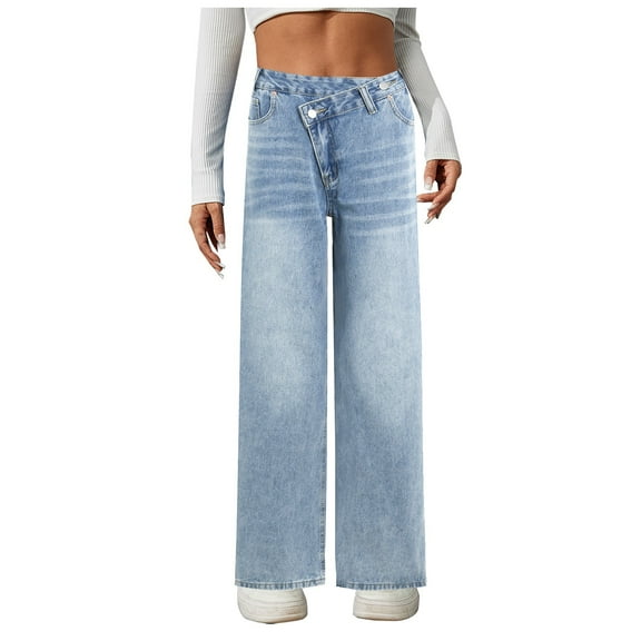 Mepaouo Wide Leg Jeans Woman Stretchy Pull on Baggy Denim Pants High Waisted Casual Trousers(Blue,L)
