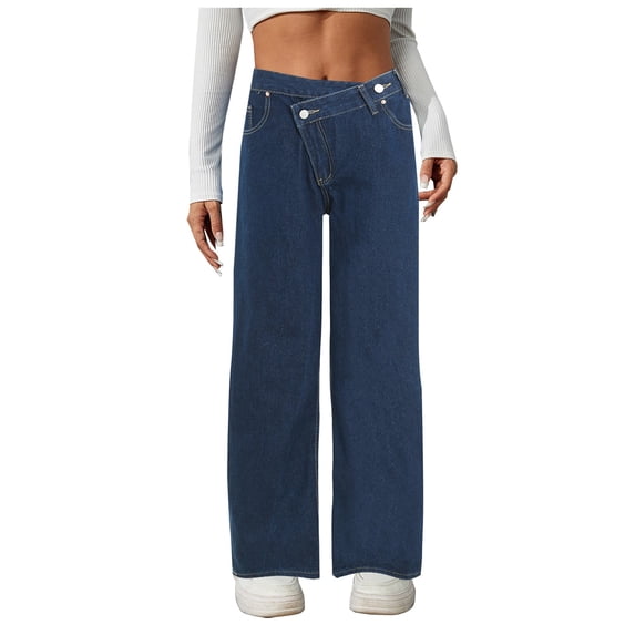 Mepaouo Wide Leg Jeans Woman Stretchy Pull on Baggy Denim Pants High Waisted Casual Trousers(Blue,XL)