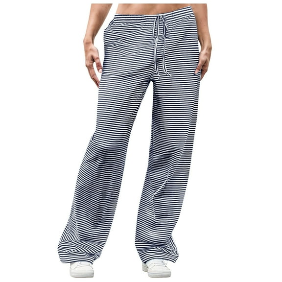 Mepaouo Wide Leg Pants for Women Drawstring Elastic Waist Stripe Ribbed Baggy Sweatpants(Blue,S)