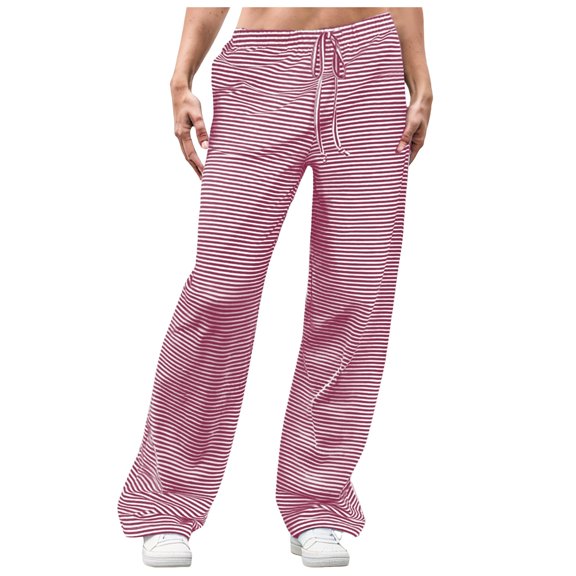 Mepaouo Wide Leg Pants for Women Drawstring Elastic Waist Stripe Ribbed Baggy Sweatpants(Red,S)
