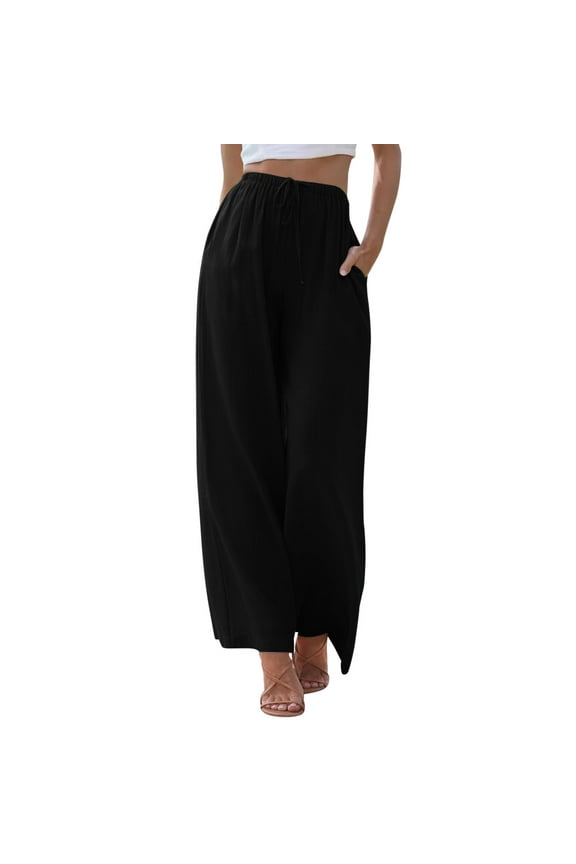 Wide Leg Pants for Women High Waisted Waffle Knit Yoga Palazzo Lounge Trousers(Blue,L)