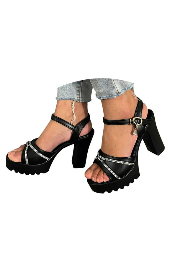 Wide Width Heels for Women Block Platform High Heeled Sandals Open Toe Dress Shoes Black 7