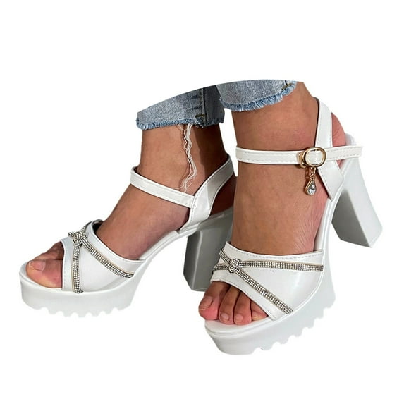 Mepaouo Wide Width Heels for Women Block Platform High Heeled Sandals Open Toe Dress Shoes White 7