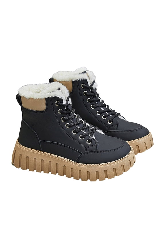 Winter Platform Sneakers for Women High Top Lace up Fleece Warm Tennis Running Shoes(Black,7.5)