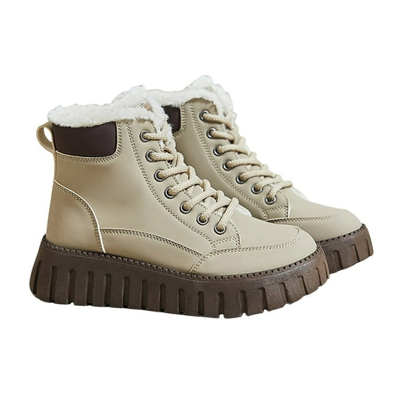 Mepaouo Winter Platform Sneakers for Women High Top Lace up Fleece Warm Tennis Running Shoes(Khaki,7.5)