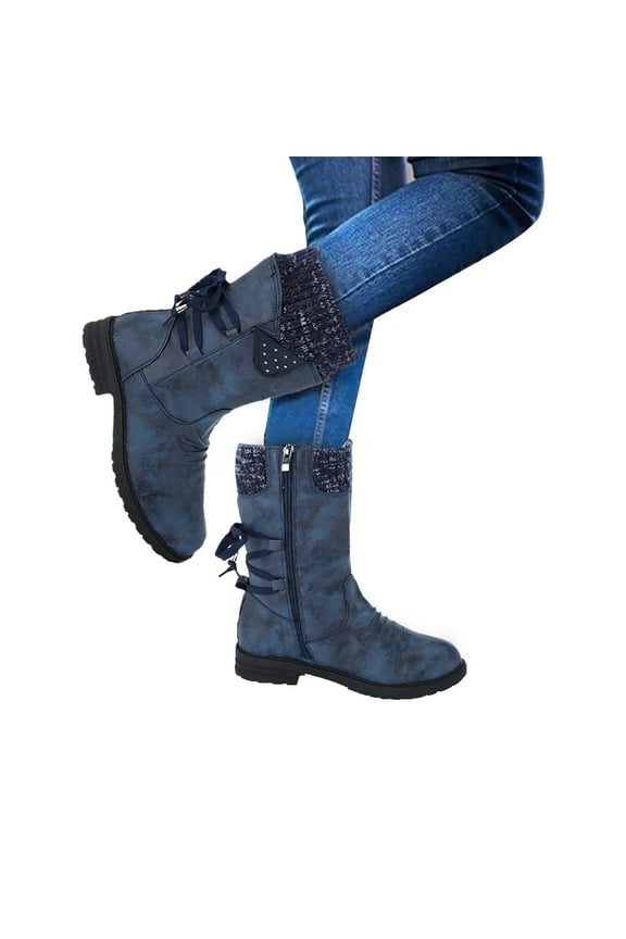 Winter Snow Boots for Women Elastic Wide Mid Calf Riding Boot Back Lace Warm Ankle Booties