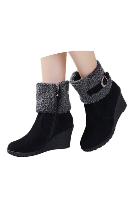 Winter Wedge Snow Boots for Women Suede Buckle Zipper Outdoor Work Walking Ankle Booties
