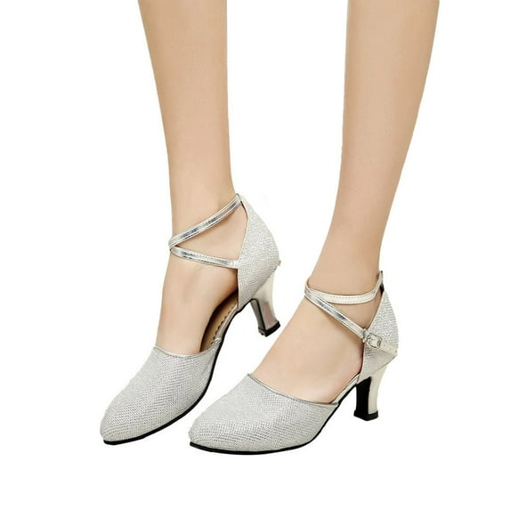 Mepaouo Woman Ballroom Dance Shoes Flapper Latin Salsa Party Dress Shoes Low Heel Ankle Strap Pumps