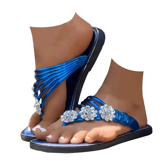 Mepaouo Woman's Sandal Flip Flop Rhinestone Flower Flats Sandals Non Slip Summer Beach Shoes(Blue,10)