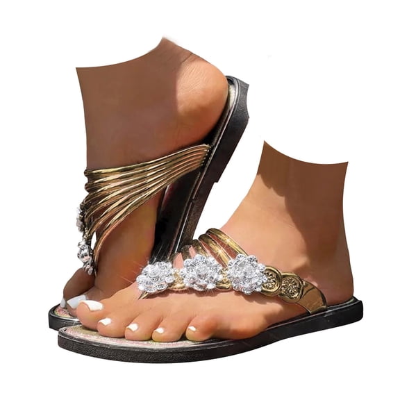 Mepaouo Woman's Sandal Flip Flop Rhinestone Flower Flats Sandals Non Slip Summer Beach Shoes(Gold,6.5)