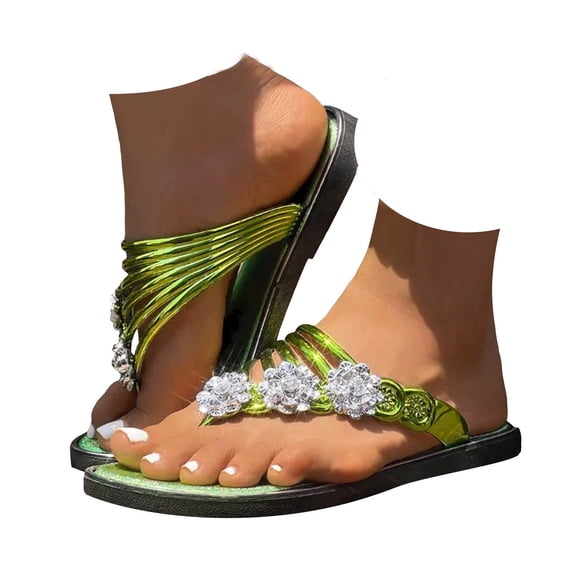 Mepaouo Woman's Sandal Flip Flop Rhinestone Flower Flats Sandals Non Slip Summer Beach Shoes(Green,8.5)