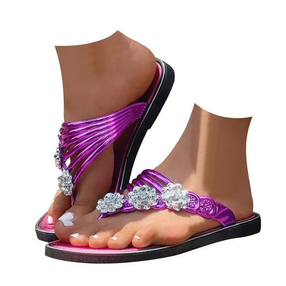 Mepaouo Woman's Sandal Flip Flop Rhinestone Flower Flats Sandals Non Slip Summer Beach Shoes(Pink,7.5)