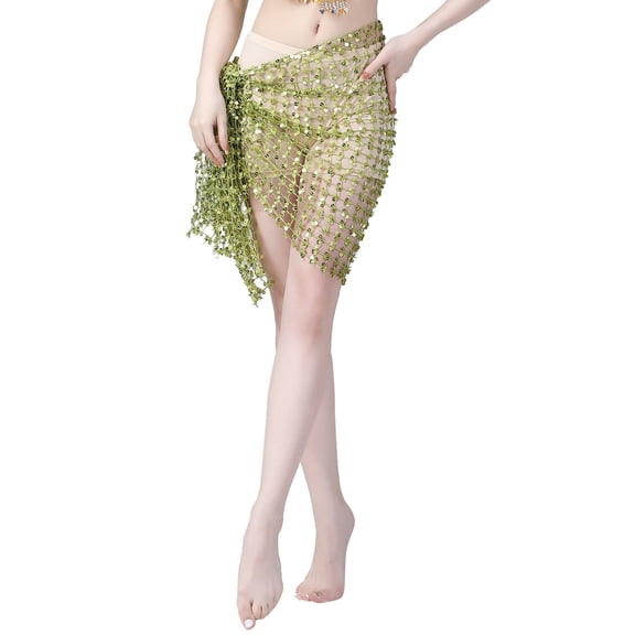 Mepaouo Women Belly Dance Scarf Sequins Mesh Square Wrap Sparkly Skirt Waist Chain Sizes S-2X