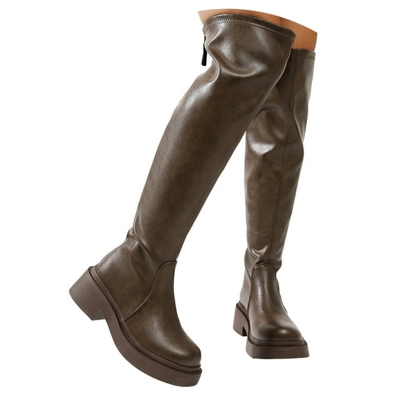 Mepaouo Women Black Thigh High Boots Platform Lug Sole Over The Knee Boot Stretchy Pull On Winter Shoes