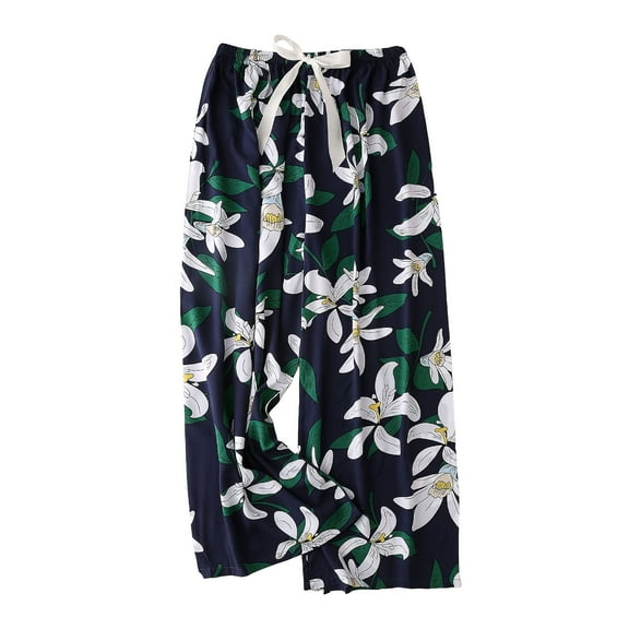 Mepaouo Women Casual High Waist Wide Leg Pants Floral Palazzo Pants Lounge Beach Trousers(Blue,One Size)