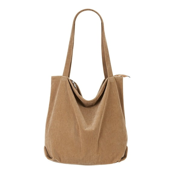 Mepaouo Women Corduroy Tote Bag Zipper Casual Handbag Large Capacity Shoulder Satchel with Pockets(Khaki)