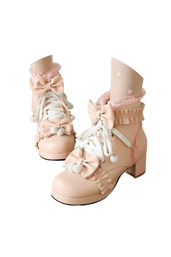 Women Goth Platform Boots Chunky High Heels Lace up Lolita Dress Ankle Booties with Cute Bow