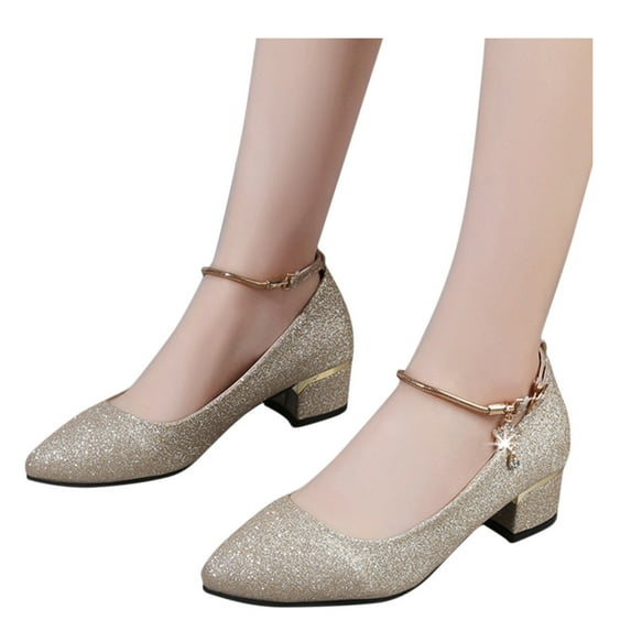 Mepaouo Women Heels Pumps Round Toe Sparkly Wedding Shoes Block Heel Ballroom Dance Heels Shoes