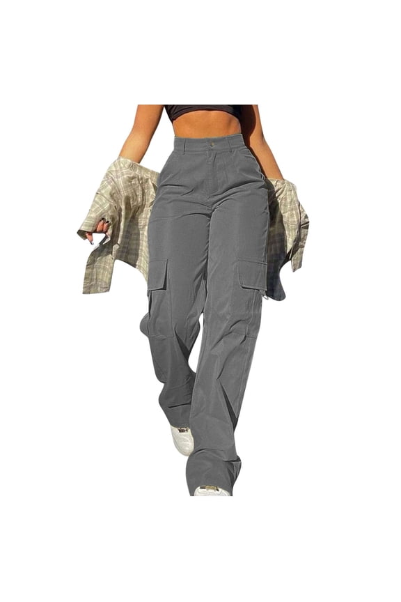 Women High Waisted Cargo Pants Wide Leg Casual Hiking Combat Military Trousers(Grey,2XL)