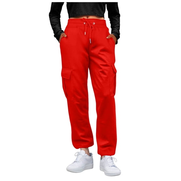 Mepaouo Women High Waisted Wide Leg Cargo Pants Drawstring Baggy Joggers Pants with Pockets(Red,L)