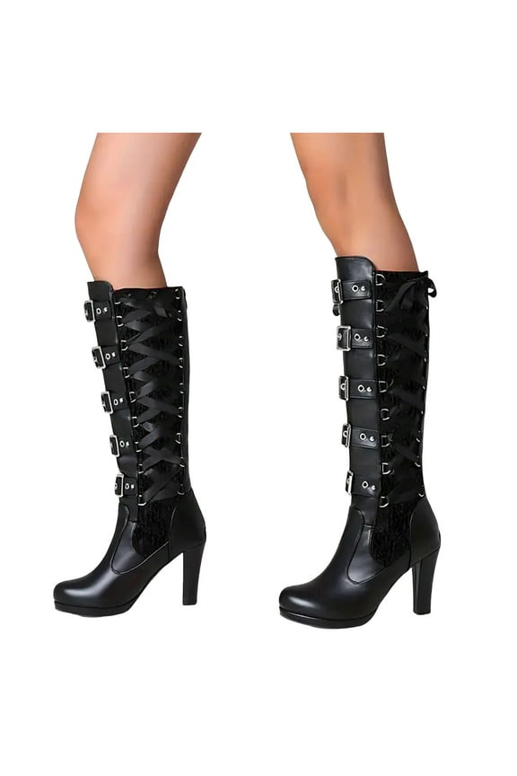 Women Lace Goth Knee High Boots Buckle Block Heel Black Punk Platform Riding Combat Booties