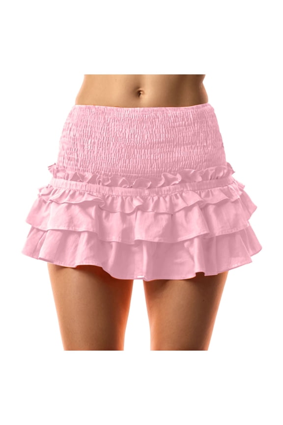 Women Lace Slip Mini Skirt Underskirt Flowy Pleated Ruffle Mesh Going Out Short Skirt(Pink,L)